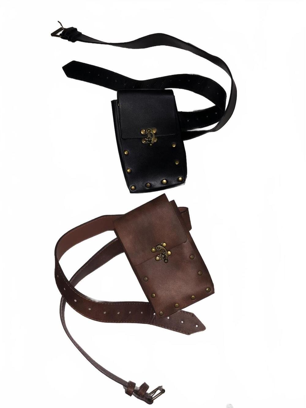 Set of 2 Leather Belt Bag Pouch with Studded Detail and Clasp